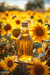 Sunflower Oil Bottle Surrounded by Sunflowers in Sunlit Garden