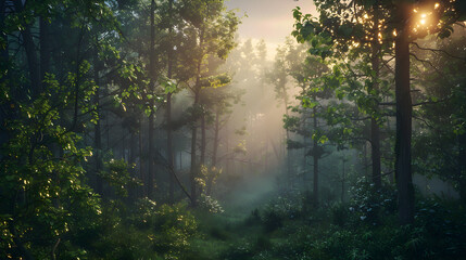 Enchanted Forest at Sunrise: A Serene Morning in Nature's Embrace