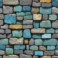 Seamless repeating texture of a stone wall with blue, green and grey stones