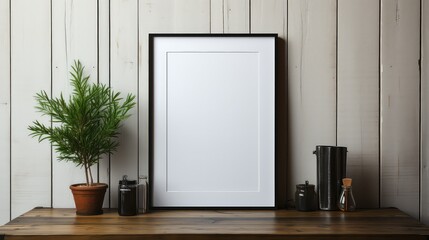 Blank wooden picture frame mockup in minimalistic room