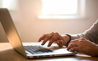 A fascinating scene capturing a person using a laptop, with the focus on the hands, one hand resting on the laptop's trackpad. The background is softly blurred.