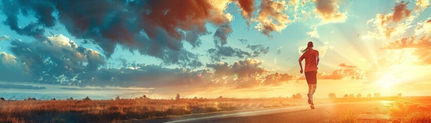 Fototapeta premium A runner makes their way down a paved road at sunrise, capturing the spirit of early morning exercise beneath a dramatic, colorful sky.