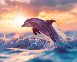 A stunning sunset view of a dolphin leaping out of the water, capturing the beauty and playfulness of marine life.