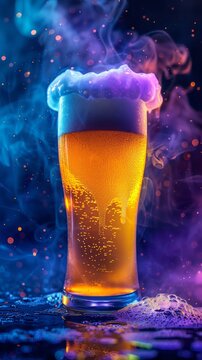 A glass of foamy beer with vibrant colors and misty background, emphasizing the refreshing and lively nature of the beverage.