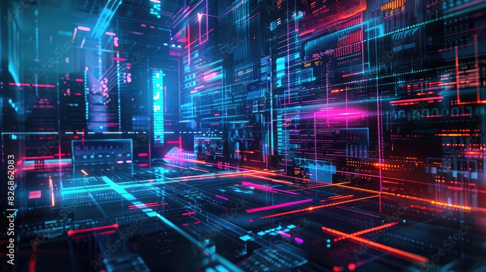 Poster abstract digital art background with futuristic elements and neon accents, capturing a high-tech vib