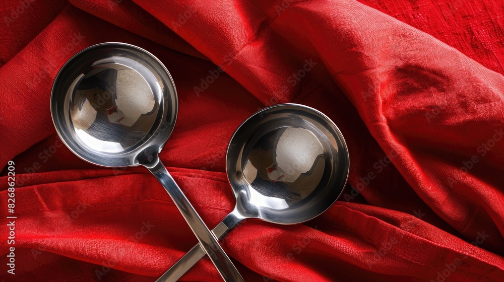 Aufkleber top view of two metal ladles placed on a red linen napkin captured in macro