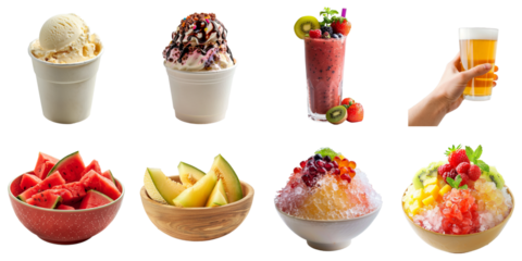 Summer food and dessert transparent isolated set icecream, smoothie, beer and shaved ice in 3d png using for presentation.