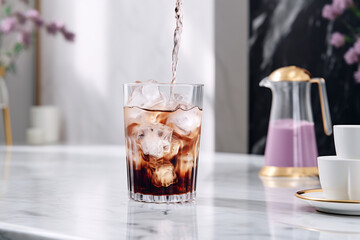 Glass of iced coffee on a marble countertop, with a modern coffee machine and delicate purple flowers in the background, creating a refreshing and stylish scene