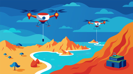 Obraz premium Hightech drones equipped with advanced sensors and cameras fly over a vast coastal region collecting data and images to aid in the geological survey. Vector illustration