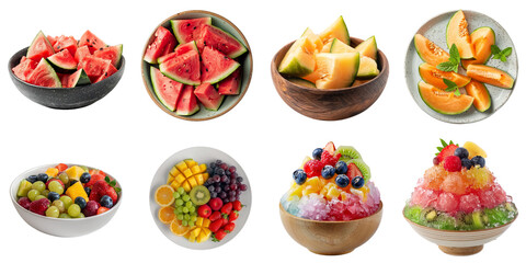 Shaved ice and fruit png set for summer mockup in 3d transparent no background for decoration.
