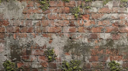 Aged brick wall with visible cracks and moss growing in between, adding to its rustic charm