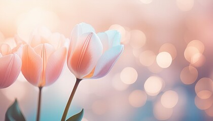 closeup of blooming tulip flower in spring on pastel bokeh background