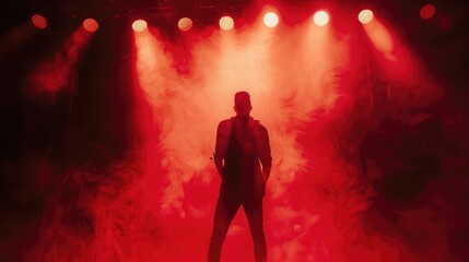 Backlit stage lights silhouetting a performer against a darkened background, adding drama to the...