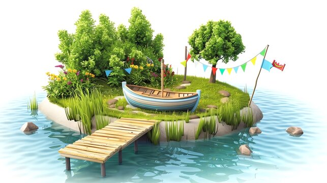 A 3D cartoon mini island with a small dock leading to the water, where a rowboat with a friendly face waits, decorated with flags, isolated on white background