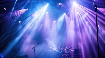 Bright stage spotlights shining on a band performing live, creating a dramatic effect