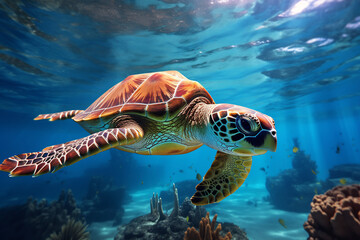 Fototapeta premium Colorful sea turtle swimming gracefully underwater, surrounded by vibrant coral reefs and marine life, showcasing the beauty of the ocean ecosystem