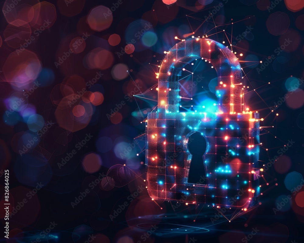 Poster digital padlock made of interconnected glowing nodes and lines, symbolizing cybersecurity and data p