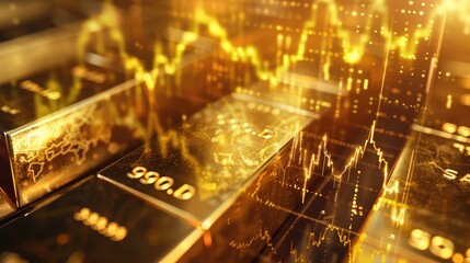 Close-up of a gold ingot overlaid with fluctuating price graphs, showcasing the dynamic nature of financial markets
