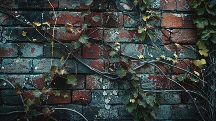 Close-up of a neglected old brick wall with vines snaking through the crevices, reclaiming their territory