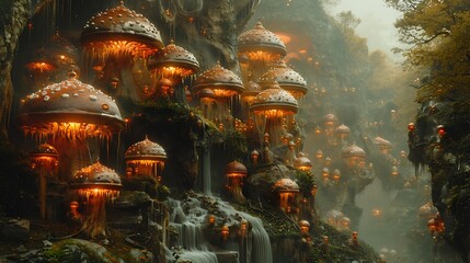 fungusbased alien race with sporebased communication on a damp cavernous planet with giant mushrooms and bioluminescent fungi