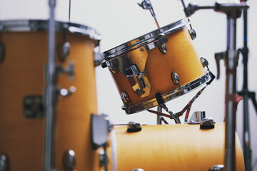 Vintage, drums and instrument for music in studio for production, live concert and art for creative...