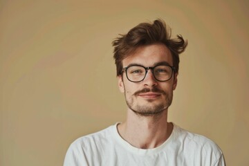 Obraz premium Handsome man with glasses and white tshirt posing against a neutral beige wall in a modern fashion portrait