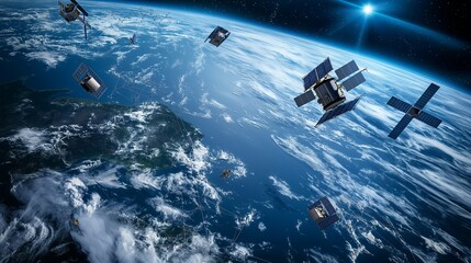 A network of AI-driven surveillance satellites orbiting the Earth, providing real-time monitoring of global weather patterns and natural disasters. 32k, full ultra HD, high resolution