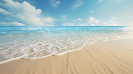 Fototapeta premium Pristine sandy beach with gentle turquoise waves and a bright blue sky, creating a tranquil and inviting coastal scene