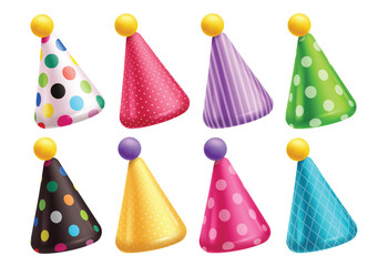 Birthday cap balloons vector set design. Birthday party hat cone shape inflatable balloon collection elements for celebration objects isolated in white background. Vector illustration birthday cap 
