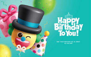Happy birthday greeting vector design. Birthday greeting text with clown, gift and party cap inflatable balloons elements for party invitation card background. Vector illustration birthday greeting 