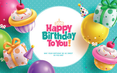 Happy birthday greeting vector template design. Birthday greeting text in white empty with cup cake balloon and gift inflatable decoration elements for invitation card template design. Vector 