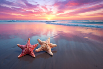Fototapeta na wymiar Two vibrant starfish on a sandy beach at sunset, with colorful clouds reflecting in the wet sand and gentle waves in the background, creating a serene and picturesque scene