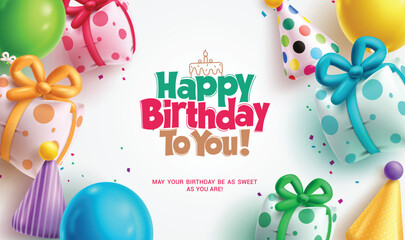 Happy birthday greeting vector template design. Birthday greeting text with gifts, cap, hat and balloons inflatable decoration elements for kids party invitation card design. Vector illustration 