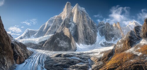 A dramatic mountain peak with sharp, rugged cliffs and a glacier flowing down its side, under a...