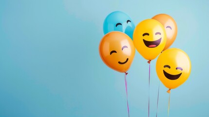 Celebrate world laughter day. Joyful emoticon balloons. Copy space