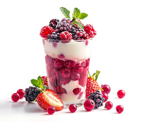 a glass of yogurt with berries, raspberries and mint in a white background