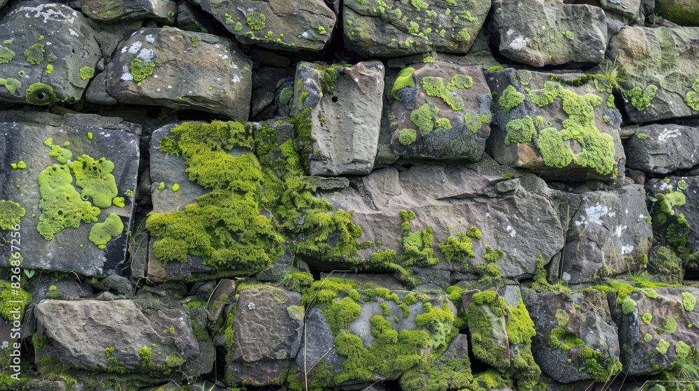 Aufkleber cracked and weathered stone wall with patches of moss and lichen adding to its rustic appeal