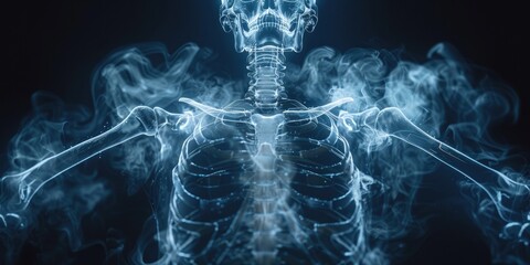 Abstract X-ray image of a human skeleton with smoke effects, highlighting bones and anatomy in a surreal, ethereal presentation.