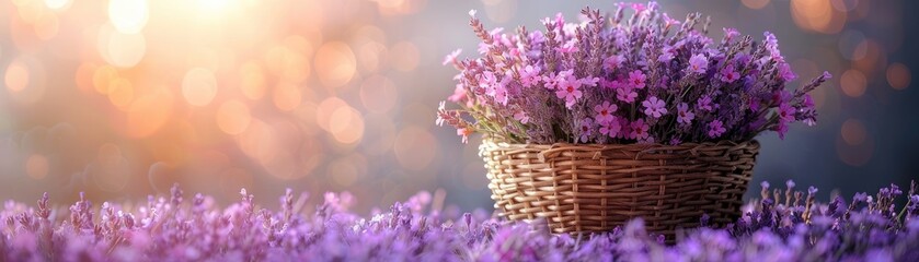 Fototapeta premium Basket of lavender flowers in field with golden sunlight, creating a dreamy and serene atmosphere. Ideal for nature and floral themes.