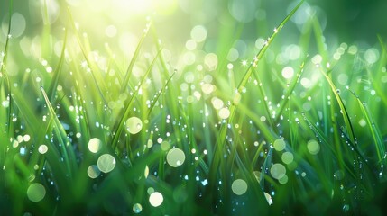 Obraz premium Dew-covered grass blades sparkling in the early morning light, creating a fresh and vibrant scene