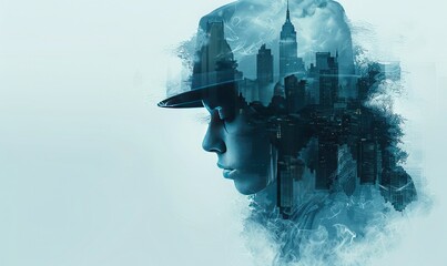 Double exposure of a woman's face overlapping with a cityscape, creating an artistic blend of human and urban elements.