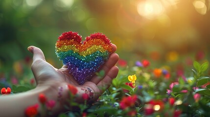 Hand holding a rainbow heart made of beads in a colorful garden, symbolizing love and diversity with warm sunlight in the background.