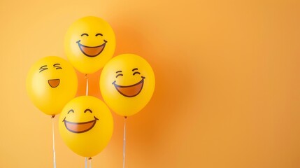 Celebrate world laughter day. Joyful emoticon balloons. Copy space