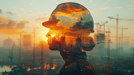 Silhouette of a construction worker with cranes and a sunset in the background, representing industry and progress.