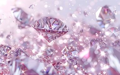 Sparkling diamonds scattered on a soft pink background. Abstract luxury-themed composition for design and print.