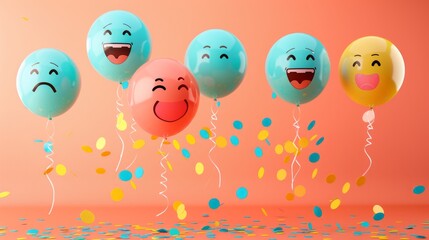 Celebrate world laughter day. Joyful emoticon balloons. Copy space