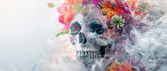 Cute skull doll, white in color, decorated with colorful flowers, and white smoke explosion white background widescreen, Generate AI