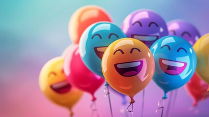 Celebrate world laughter day. Joyful emoticon balloons. Copy space