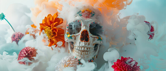Cute skull doll, white in color, decorated with colorful flowers, and white smoke explosion white...