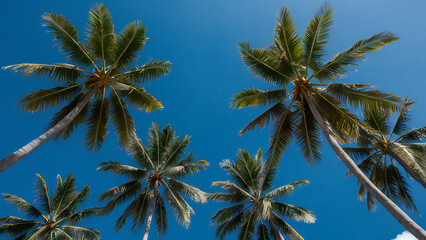 Vibrant Blue Sky with Tall Palm Trees: Lush Green Fronds Reaching Upwards